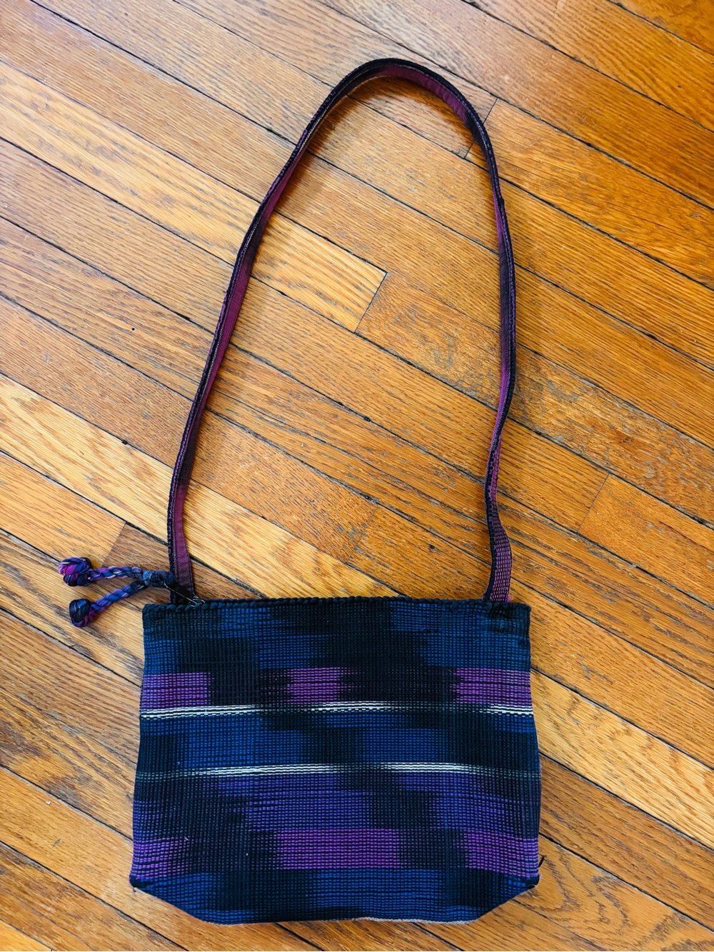 Narda’s vintage okay hippie boho Handwoven Navy, black & Purple purse bag